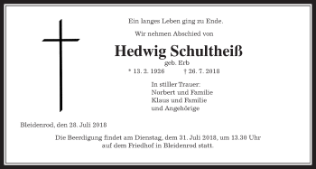 Traueranzeige von Hedwig Schultheiß von Alsfelder Allgemeine