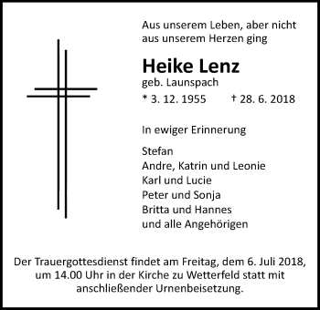 Traueranzeige von Heike Lenz von Laubacher Anzeiger
