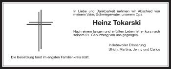 Traueranzeige von Heinz Tokarski von Wetterauer Zeitung, Wetterauer Zeitung