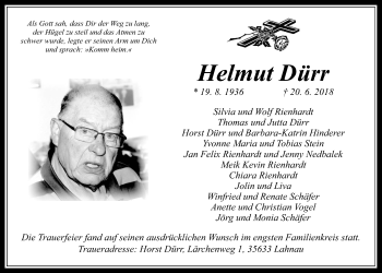 Traueranzeige von Helmut Dürr von Giessener Allgemeine, Alsfelder Allgemeine
