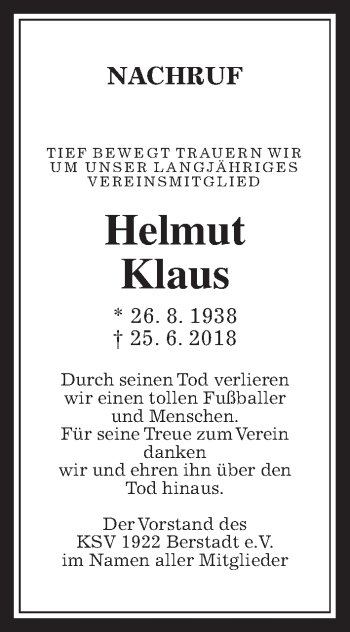Traueranzeige von Helmut Klaus von Wetterauer Zeitung, Wetterauer Zeitung