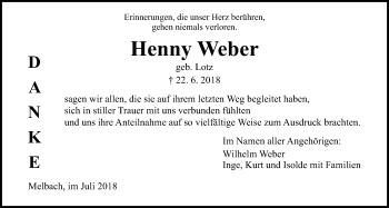 Traueranzeige von Henny Weber von Wetterauer Zeitung, Wetterauer Zeitung