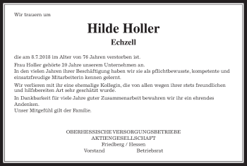 Traueranzeige von Hilde Holler von Wetterauer Zeitung, Wetterauer Zeitung