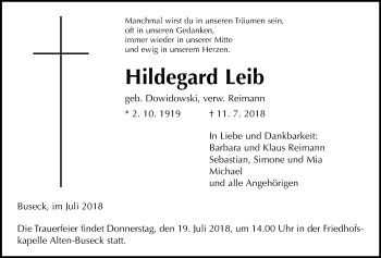 Traueranzeige von Hildegard Leib von Giessener Allgemeine, Alsfelder Allgemeine