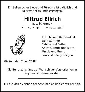 Traueranzeige von Hiltrud Ellrich von Giessener Allgemeine, Alsfelder Allgemeine
