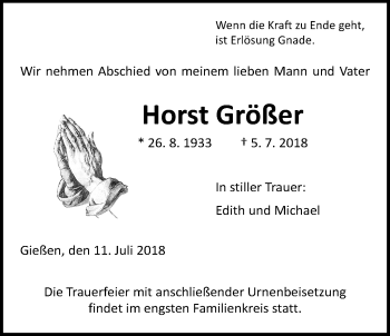 Traueranzeige von Horst Größer von Giessener Allgemeine, Alsfelder Allgemeine