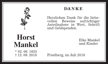 Traueranzeige von Horst Mankel von Wetterauer Zeitung, Wetterauer Zeitung