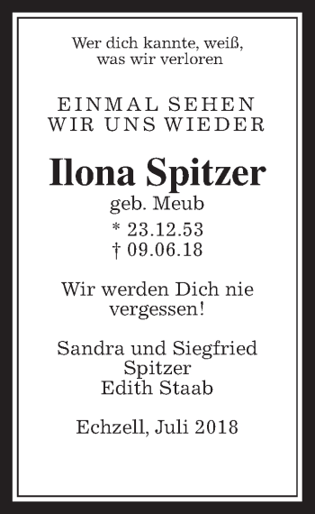 Traueranzeige von Ilona Spitzer von Wetterauer Zeitung, Wetterauer Zeitung