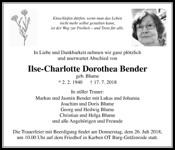 Traueranzeige von Ilse-Charlotte Dorothea Bender von Wetterauer Zeitung, Wetterauer Zeitung