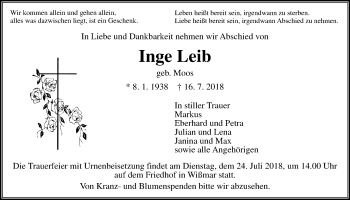 Traueranzeige von Inge Leib von Giessener Allgemeine, Alsfelder Allgemeine