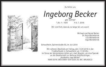 Traueranzeige von Ingeborg Becker von Wetterauer Zeitung, Wetterauer Zeitung
