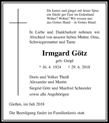 Traueranzeige von Irmgard Götz von Giessener Allgemeine, Alsfelder Allgemeine