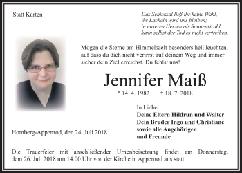 Traueranzeige von Jennifer Maiß von Giessener Allgemeine, Alsfelder Allgemeine