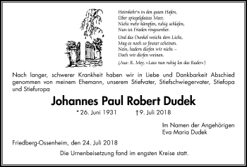 Traueranzeige von Johannes Paul Robert Dudek von Wetterauer Zeitung, Wetterauer Zeitung