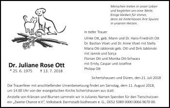 Traueranzeige von Juliane Rose Ott von Giessener Allgemeine, Alsfelder Allgemeine
