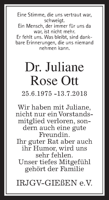 Traueranzeige von Juliane Rose Ott von Giessener Allgemeine, Alsfelder Allgemeine, Wetterauer Zeitung, Wetterauer Zeitung