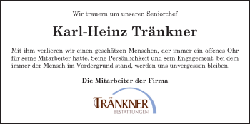 Traueranzeige von Karl-Heinz Tränkner von Giessener Allgemeine, Alsfelder Allgemeine