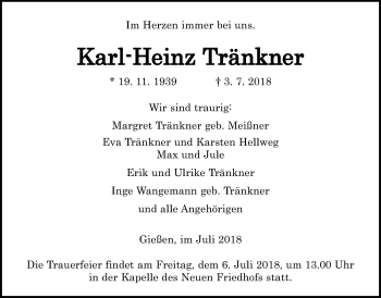 Traueranzeige von Karl-Heinz Tränkner von Giessener Allgemeine, Alsfelder Allgemeine