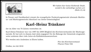 Traueranzeige von Karl-Heinz Tränkner von Giessener Allgemeine, Alsfelder Allgemeine