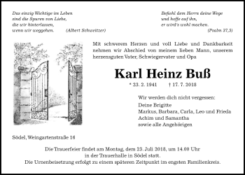Traueranzeige von Karl Heinz Buß von Wetterauer Zeitung, Wetterauer Zeitung