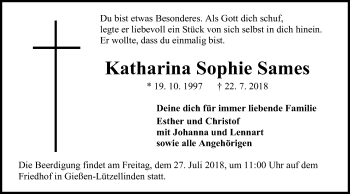Traueranzeige von Katharina Sophie Sames von Giessener Allgemeine, Alsfelder Allgemeine