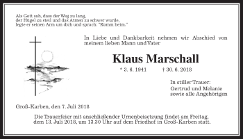 Traueranzeige von Klaus Marschall von Wetterauer Zeitung, Wetterauer Zeitung