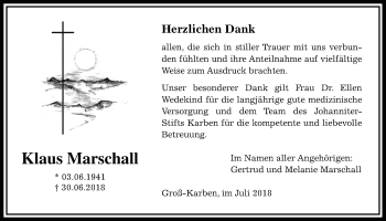 Traueranzeige von Klaus Marschall von Wetterauer Zeitung, Wetterauer Zeitung