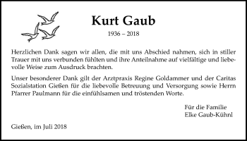 Traueranzeige von Kurt Gaub von Giessener Allgemeine, Alsfelder Allgemeine