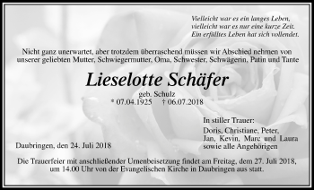 Traueranzeige von Lieselotte Schäfer von Giessener Allgemeine, Alsfelder Allgemeine