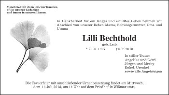 Traueranzeige von Lilli Bechthold von Giessener Allgemeine, Alsfelder Allgemeine