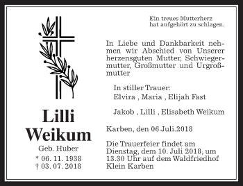 Traueranzeige von Lilli Weikum von Giessener Allgemeine, Alsfelder Allgemeine, Wetterauer Zeitung, Wetterauer Zeitung