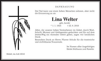 Traueranzeige von Lina Welter von Wetterauer Zeitung, Wetterauer Zeitung