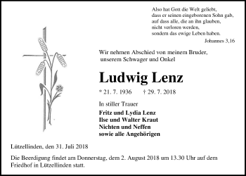 Traueranzeige von Ludwig Lenz von Giessener Allgemeine, Alsfelder Allgemeine
