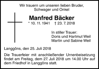 Traueranzeige von Manfred Bäcker von Giessener Allgemeine, Alsfelder Allgemeine