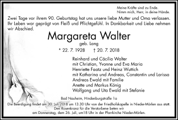 Traueranzeige von Margareta Walter von Wetterauer Zeitung, Wetterauer Zeitung