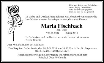 Traueranzeige von Maria Fischbach von Wetterauer Zeitung, Wetterauer Zeitung