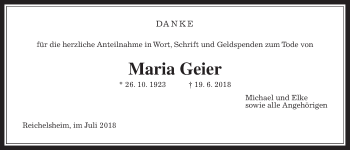 Traueranzeige von Maria Geier von Wetterauer Zeitung, Wetterauer Zeitung