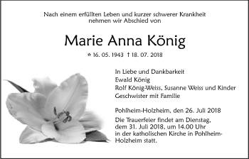 Traueranzeige von Marie Anna König von Pohlheimer Nachrichten