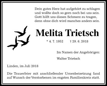 Traueranzeige von Melita Trietsch von Wetterauer Zeitung, Wetterauer Zeitung