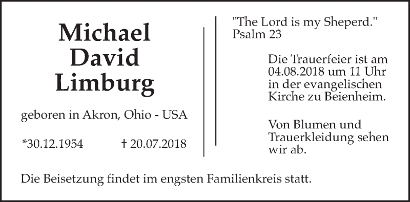  Traueranzeige für Michael David Limburg vom 28.07.2018 aus Wetterauer Zeitung, Wetterauer Zeitung