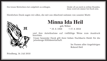 Traueranzeige von Minna Ida Heil von Wetterauer Zeitung, Wetterauer Zeitung