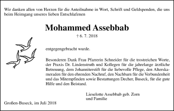 Traueranzeige von Mohammed Assebbab von Giessener Allgemeine, Alsfelder Allgemeine