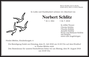 Traueranzeige von Norbert Schlitz von Wetterauer Zeitung, Wetterauer Zeitung