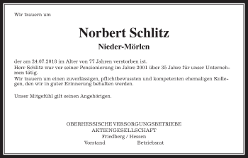 Traueranzeige von Norbert Schlitz von Wetterauer Zeitung, Wetterauer Zeitung