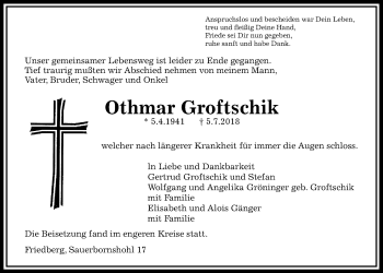 Traueranzeige von Othmar Groftschik von Wetterauer Zeitung, Wetterauer Zeitung