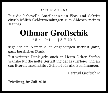 Traueranzeige von Othmar Groftschik von Wetterauer Zeitung, Wetterauer Zeitung