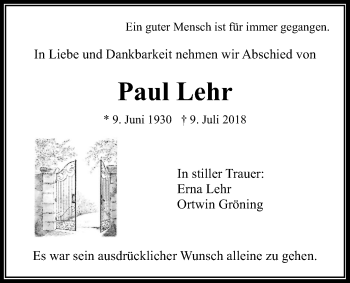 Traueranzeige von Paul Lehr von Wetterauer Zeitung, Wetterauer Zeitung