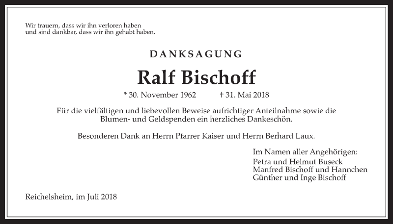  Traueranzeige für Ralf Bischoff vom 14.07.2018 aus Wetterauer Zeitung, Wetterauer Zeitung