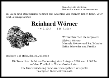Traueranzeige von Reinhard Wörner von Wetterauer Zeitung, Wetterauer Zeitung