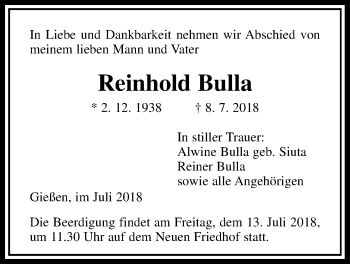 Traueranzeige von Reinhold Bulla von Giessener Allgemeine, Alsfelder Allgemeine